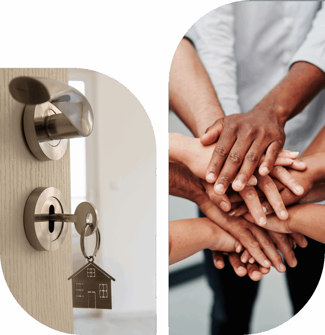 A key in a door lock and diverse hands stacked together.