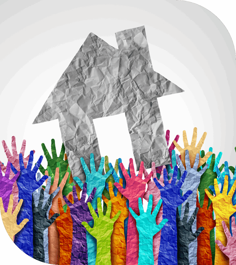 Colorful hands reaching up to a house-shaped paper cutout.